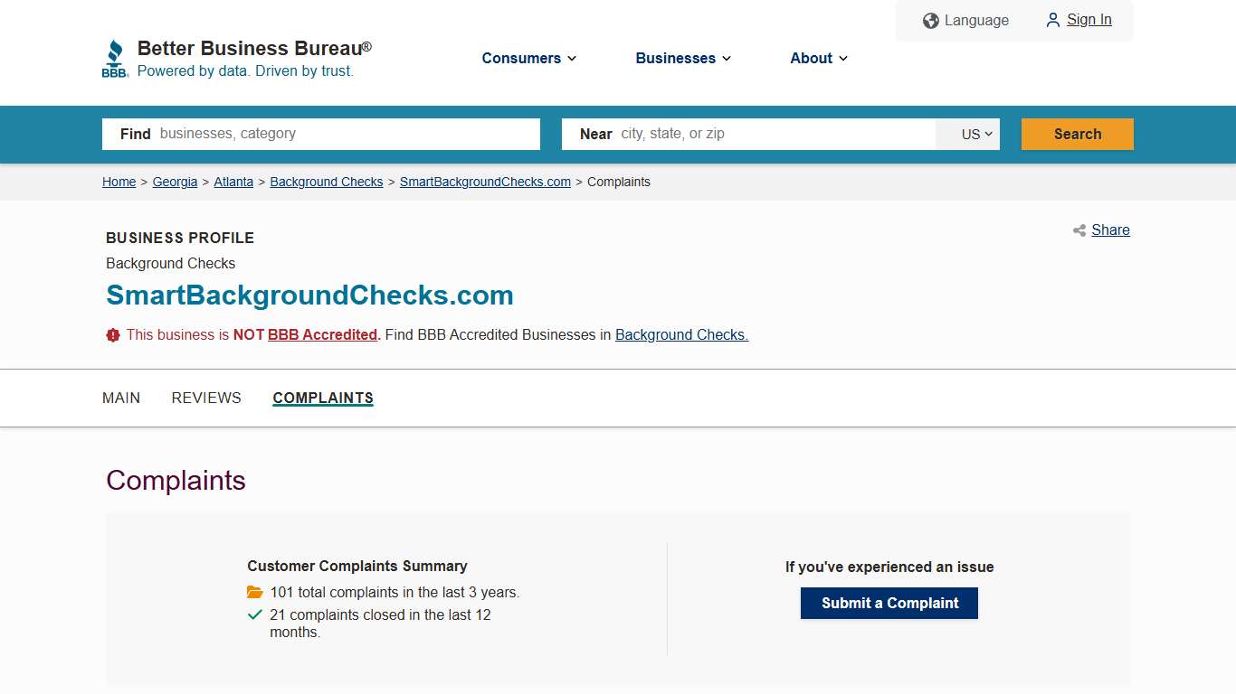 SmartBackgroundChecks.com BBB Complaints Better Business Bureau
